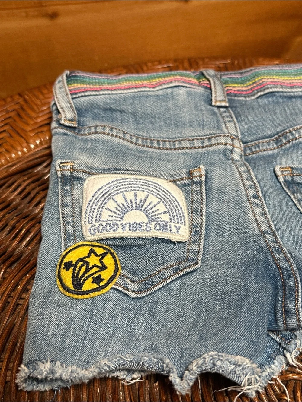 GAP denim rainbow embroidered jean shorts slim patches 5